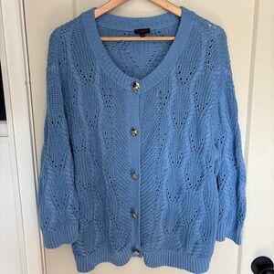 Talbots Cable Knit Crewneck Cardigan Sweater size XL light blue 100% cotton